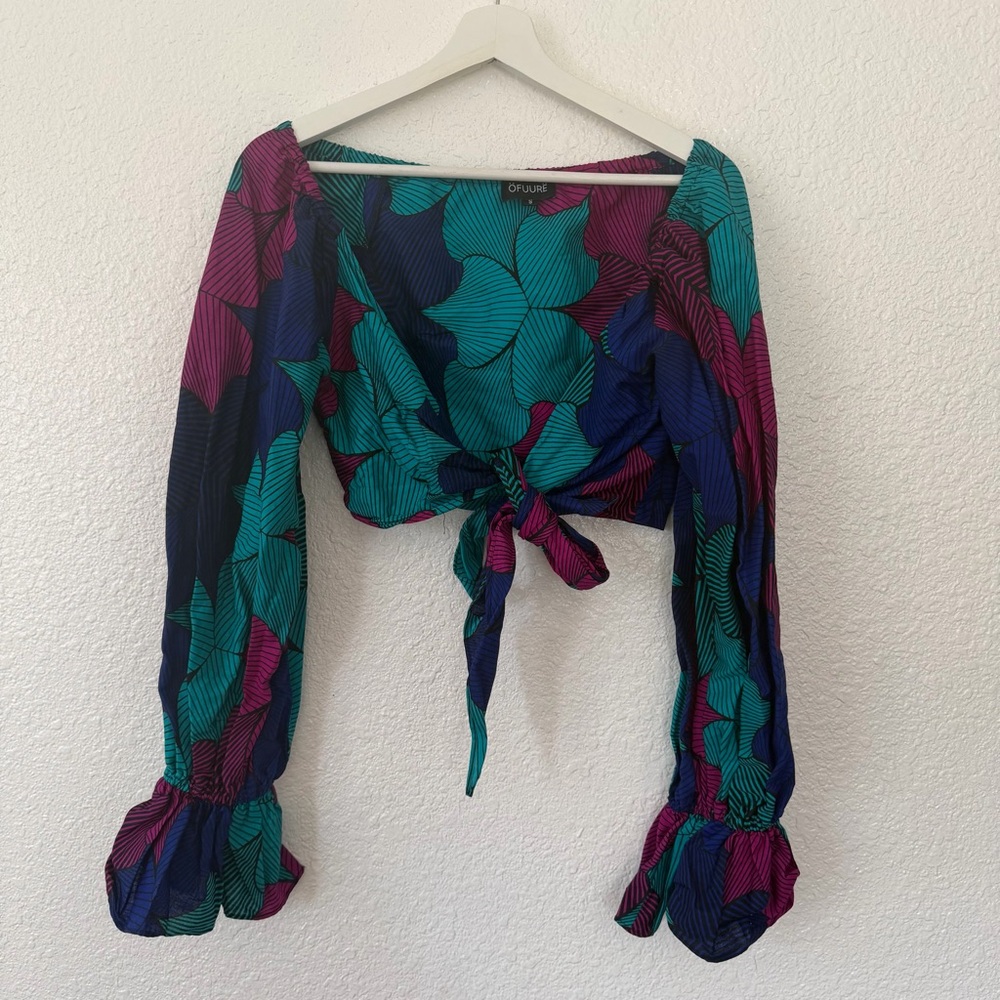 OFUURE Teal, Magenta & Navy Floral Tie-Front Long Sleeve Crop Top S